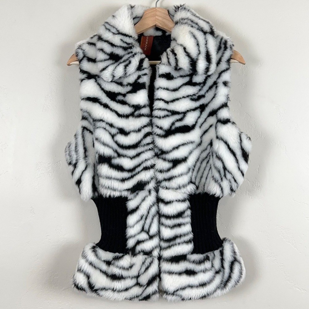 Womens Desert Festival EDM Faux Fur Vest Sz Medium Large Animal Zebra Print Zip